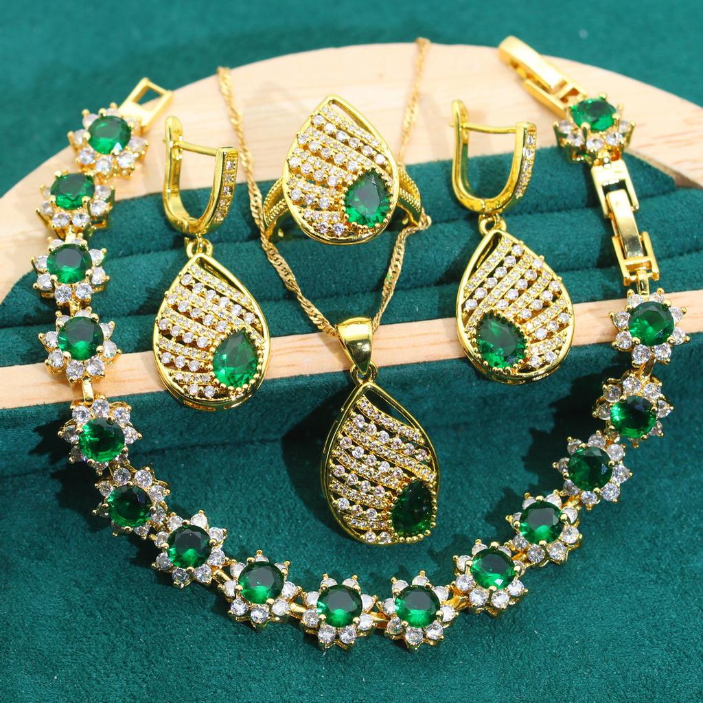 Europe and The United States Set Micro-green Jewelry Anti Allergic Zircon Necklace Earrings Earrings Ring Jewelry Set