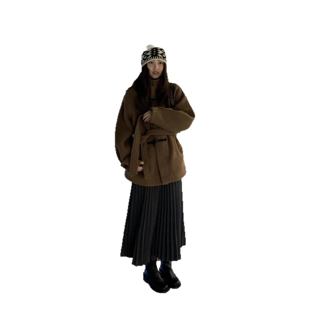 High-Waist Wool Pleated Midi Skirt, Slimming Fit, Textured, Korean Style