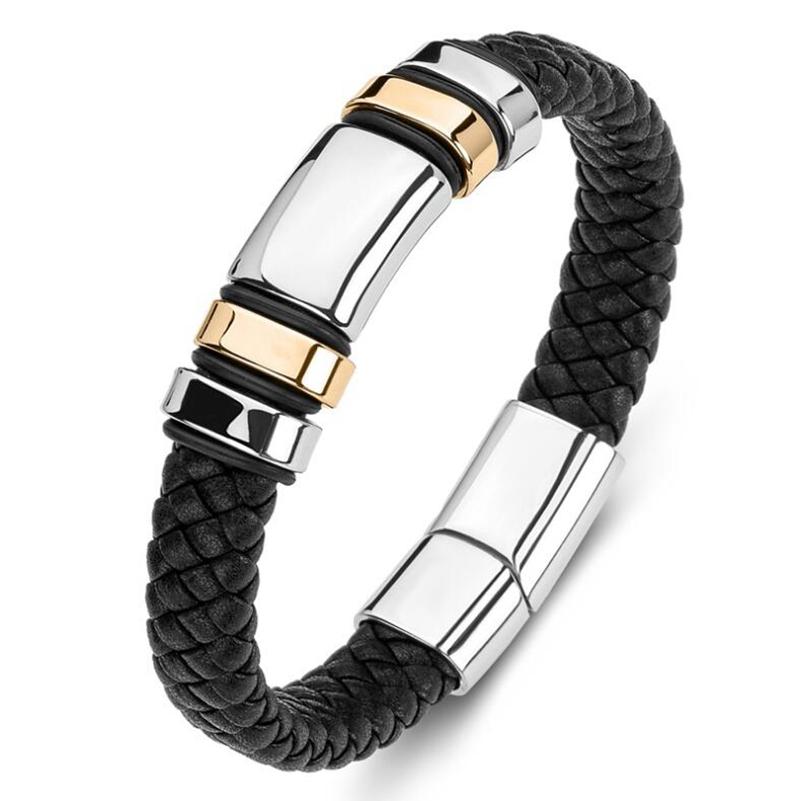 Double Layer Punk Brown Braided Leather Bracelet for Men with Metal Magnetic Clasp Stylish Business Bracelet Jewelry Gift