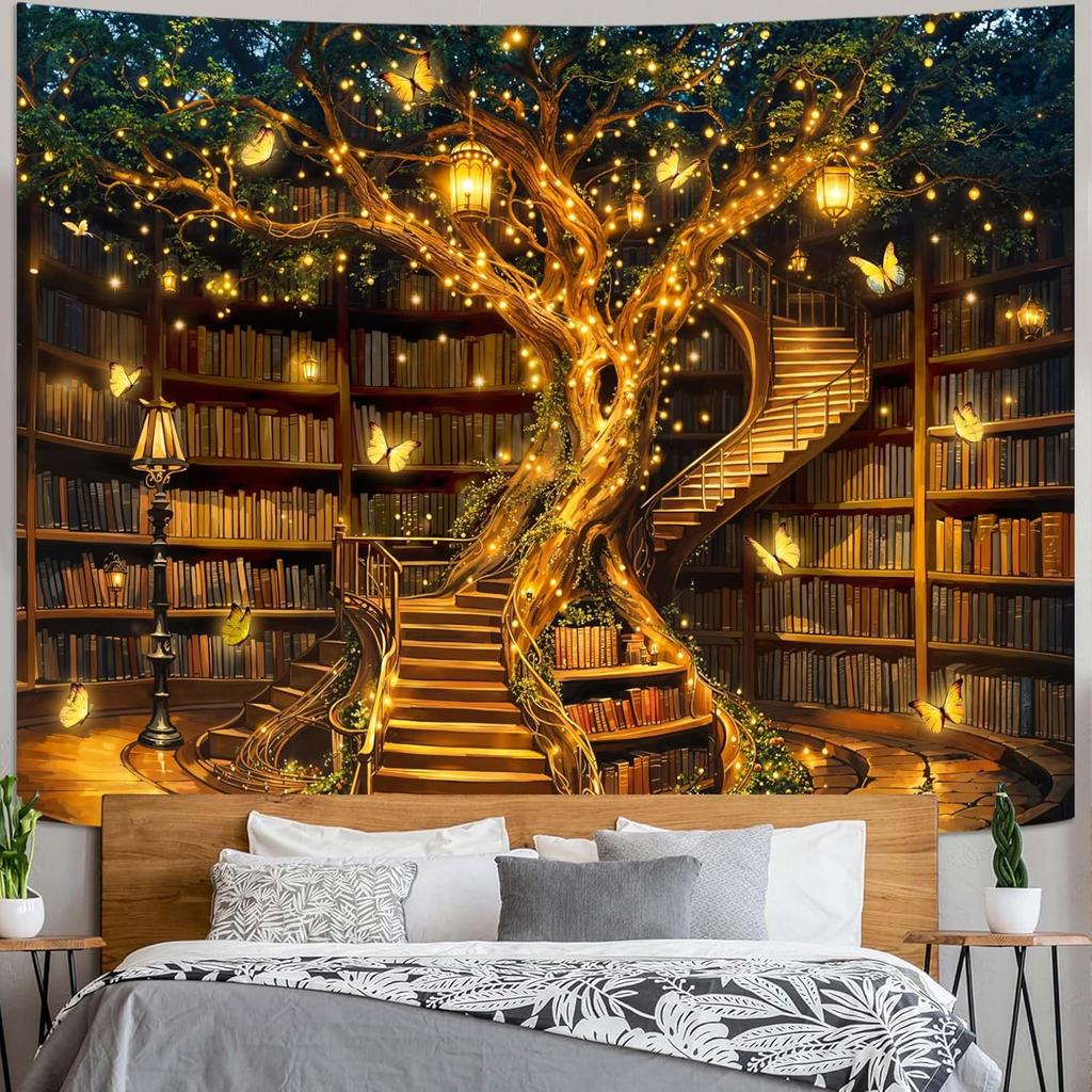 Spenlife Magical Library Tree Of Life Wall Tapestry, Fantasy Bookshelf Tree Tapestries For Room Decor, Enchanted Tapestry