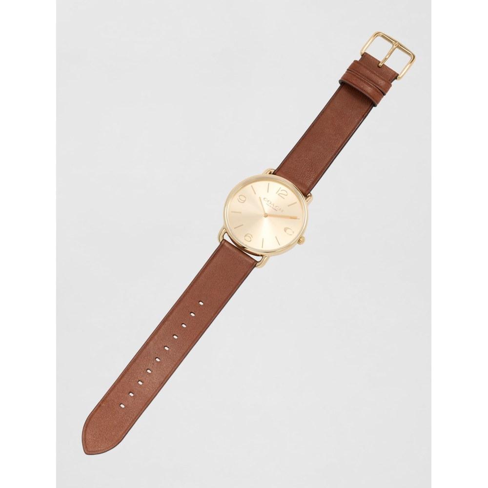 Coach Elliot Men's Watch Unique Artistic Modern Minimalism Water-Resistant Saddle Gold Tone Leather Strap Gold Dial