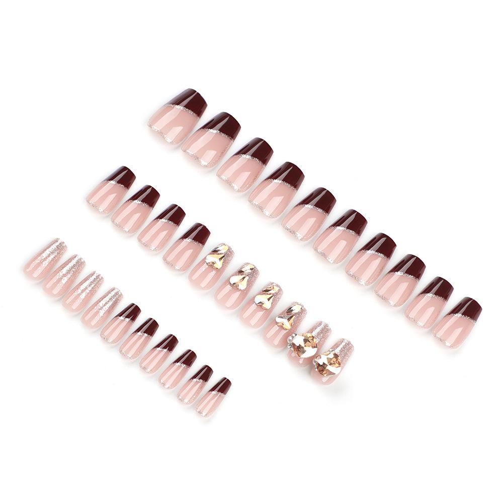 24 Pieces Sense Manicure French Red Light Luxury Wearing Nail Champagne Flash Diamond Flash Powder Nail Piece