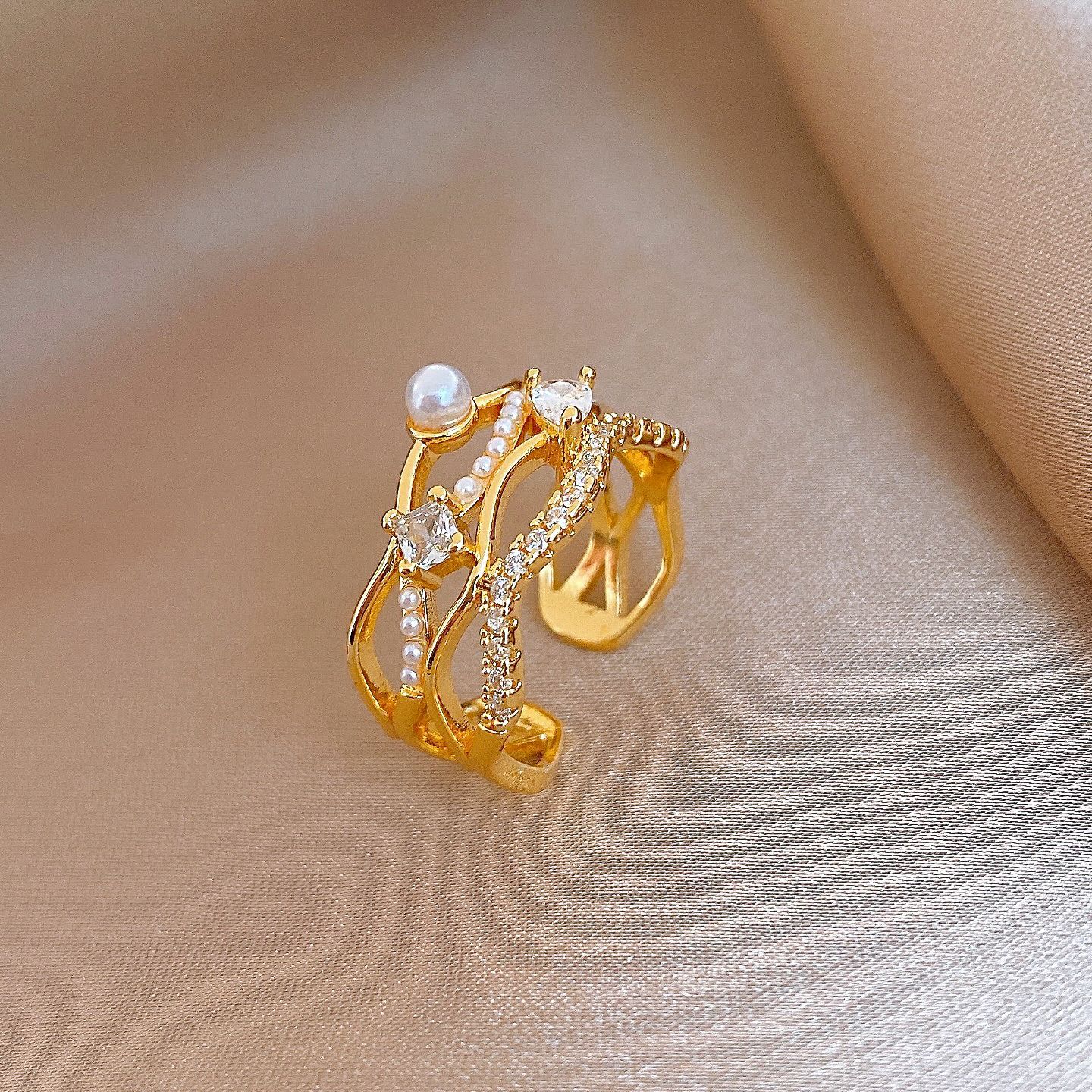 18k electroplated zircon multi-layer pearl ring ring retro light luxury jewelry women