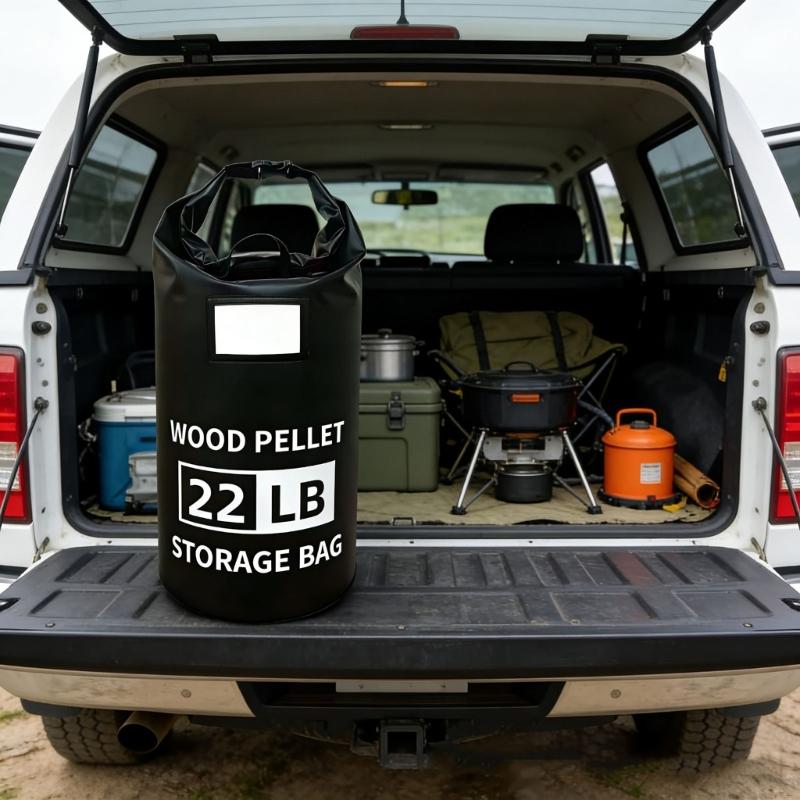 Smoker Pellet Storage Bag, 22-Pound Capacity with Front and Lower Handholds, Rolled Opening, and Label Window for Controlled Pouring into Barbecue