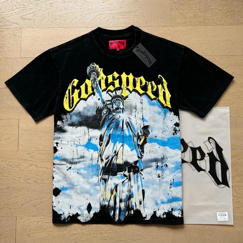 Godspeed retro printing foreign trade beauty tide high street men and women casual trend hip hop apricot old short sleeve T-shirt