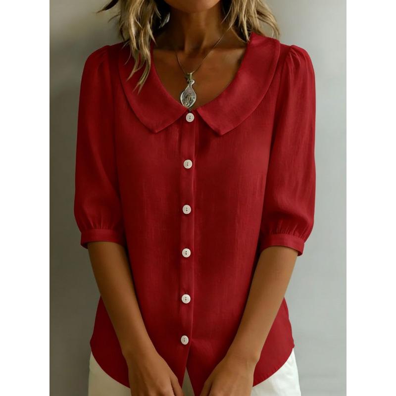 Camicia Casual da Donna a Maniche Lunghe, Colore Unito, Collo a Bambola, Bottoni