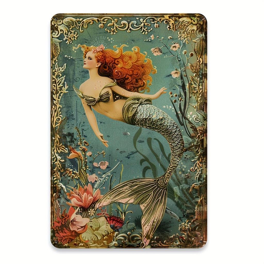 2D Flat Vintage Mermaid Girl Metal Sign, 20.32X30.48 cm | Colorful Home Decor Wall Art for Restaurant, Bar, Cafe, Garage, Mermaid Room Decor, Iron Mat