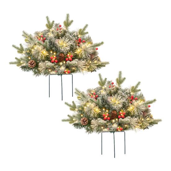 Pre-lit Christmas Tree Urn Filler Battery Operated Artificial Xmas Tree with Cones Berries Holiday Porch Planter Filler with Tripod Stake And LED