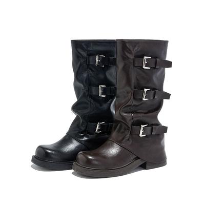 Fashion AIYUQI Women's Western Cowboy Boots 2025 New Square Toe Pleated Women Trouser Leg Boots Large Buckle Boots Female