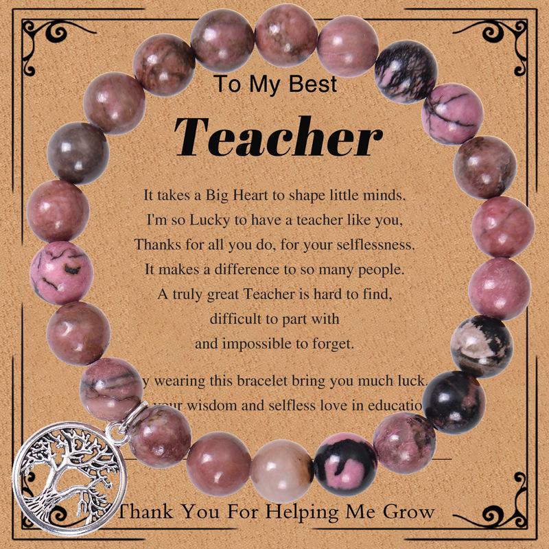 Teacher's Day Gift: 8mm Pink Zebra Stone Bracelet with Tree of Life Pendant