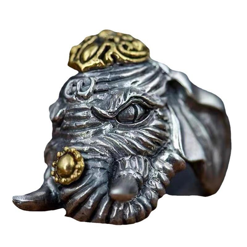 Adjustable Open Ring Men Women Vintage Elephant Motif Geometric Plated Statement