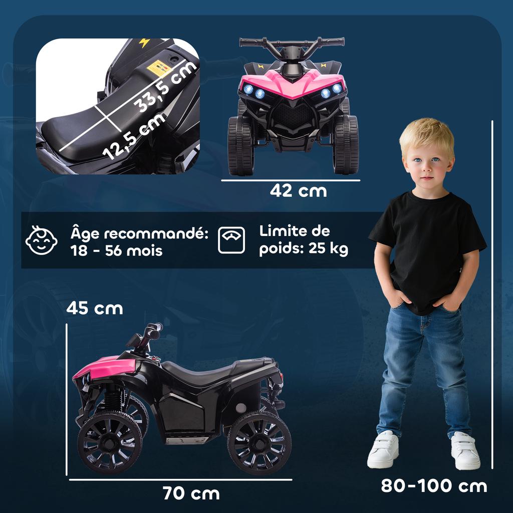 Electric Ride-On Quad Bike for Kids, 6V, Music, LED Headlights, 18-56 Months, 70 x 42 x 45 cm, Pink