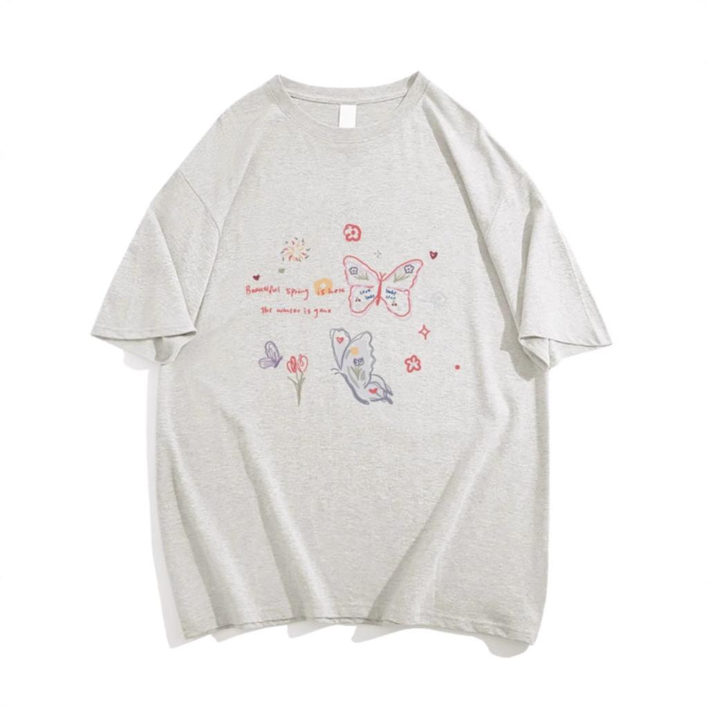Flower gray American ins trendy brand butterfly short-sleeved T-shirt women's summer new pure cotton design sense niche fat MM top