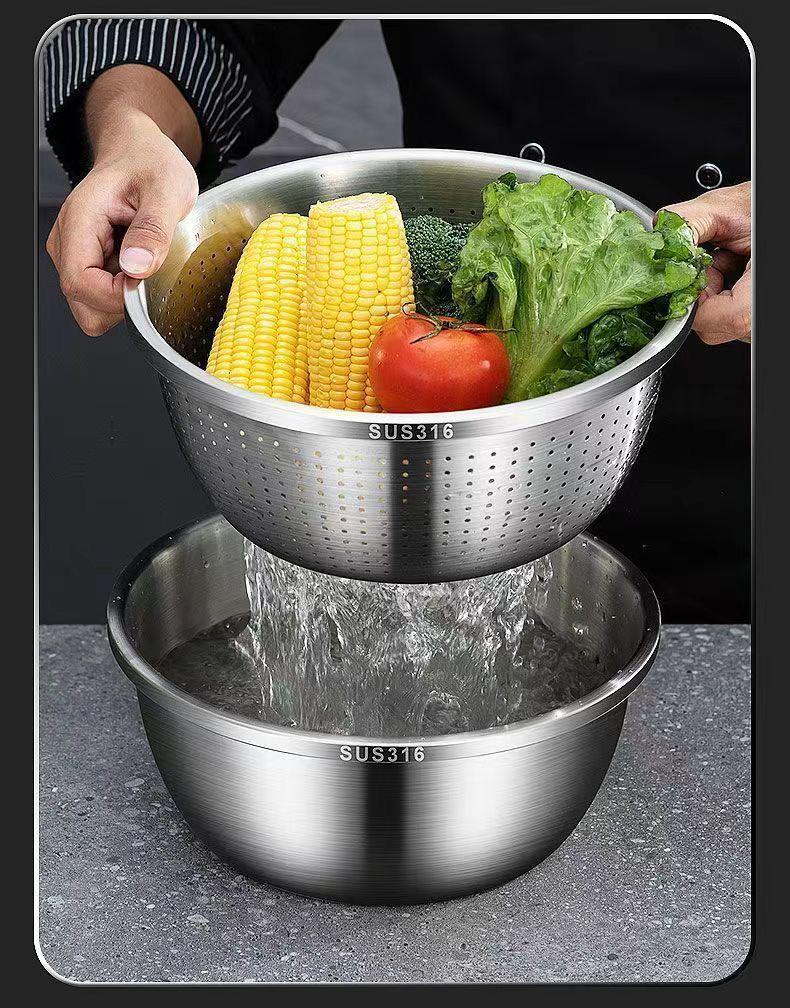 German Stainless Steel Bowl Set for Vegetable Washing, Egg Beating, Dough Kneading, and Cooking - Free Shipping