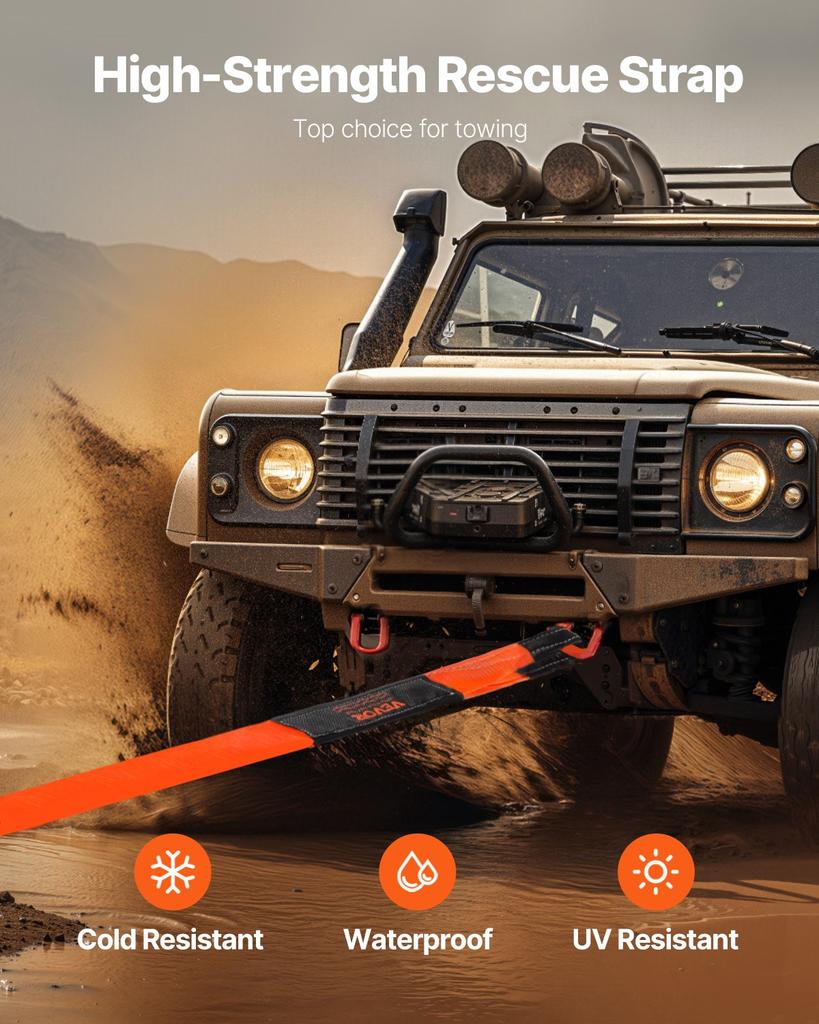 VEVOR Recovery Tow Strap 76.2 Mm, 2.4 M 16329 Kg Break Strength, Triple Reinforced Loop Straps, Tree Saver, Winch Line Extension Strap