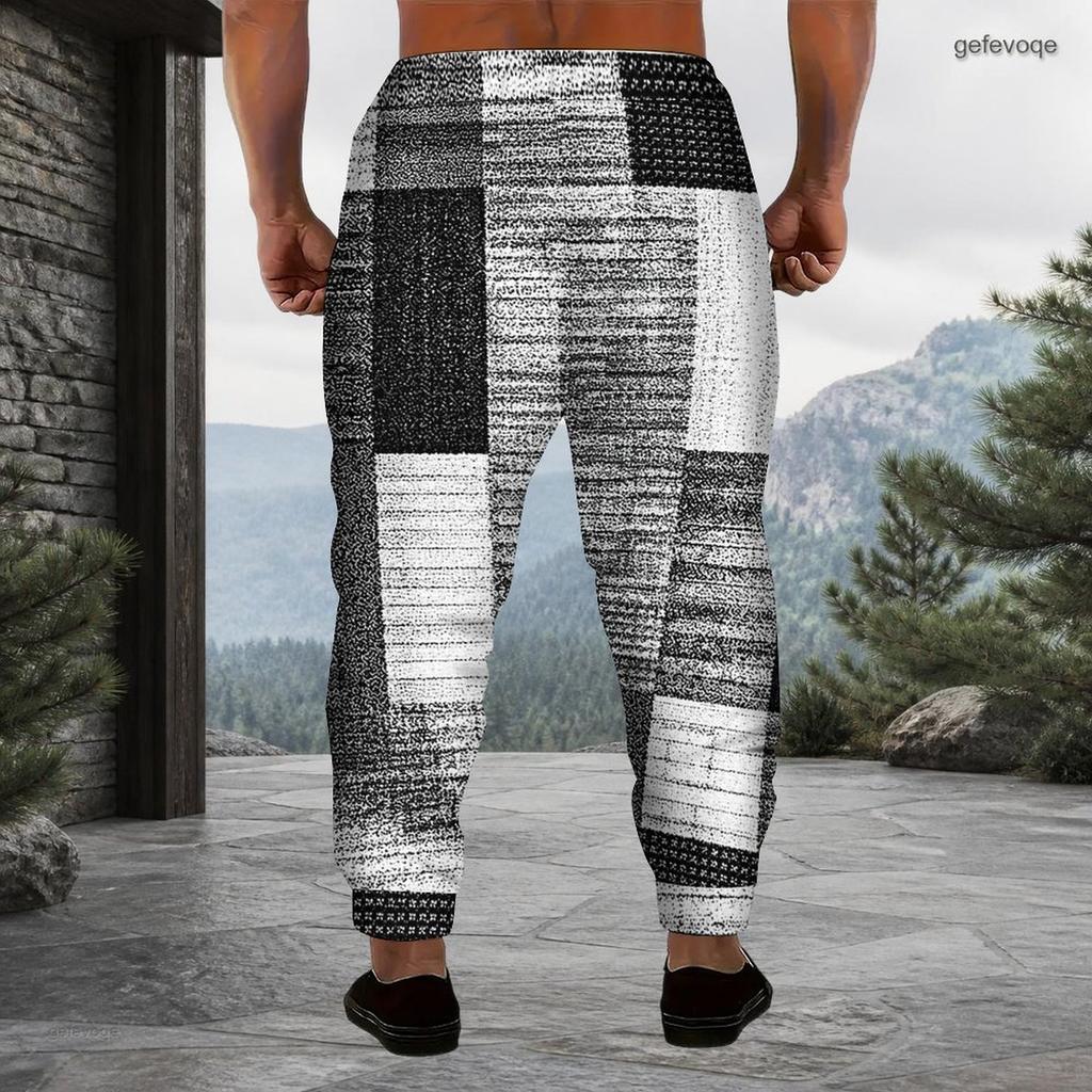 Men Plus Size Patchwork Printed Drawstring Waist Jogger Pants Side Pockets Cuffed Ankle Long Trousers