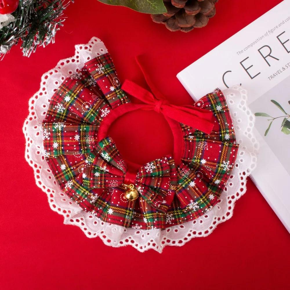 

Christmas Plaid Scarf with Bowtie for Pets Dog Cat Neck Warmer with Lace Trim And Pendant Holiday Pet Accessory XS（old）