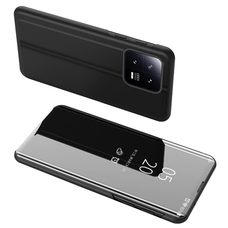 

Для Xiaomi 13 Pro 5G Зеркальная Поверхность Гальваническое Окно Вида Чехол PU Кожаный Чехол Подставка Для Телефона Чехол Black