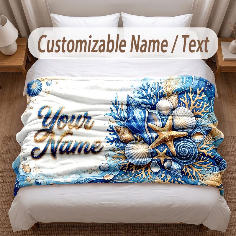 Fish Ocean Theme Soft Blanket Personalized Custom Name Text Print Warm Blanket Home Sofa Bedroom Decor