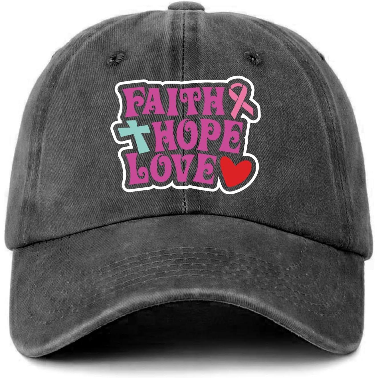 Womens Breast Cancer Awareness Distressed Washed Black Hat Faith Hope Love Pink Ribbon Baseball Cap Classic Cotton One Size