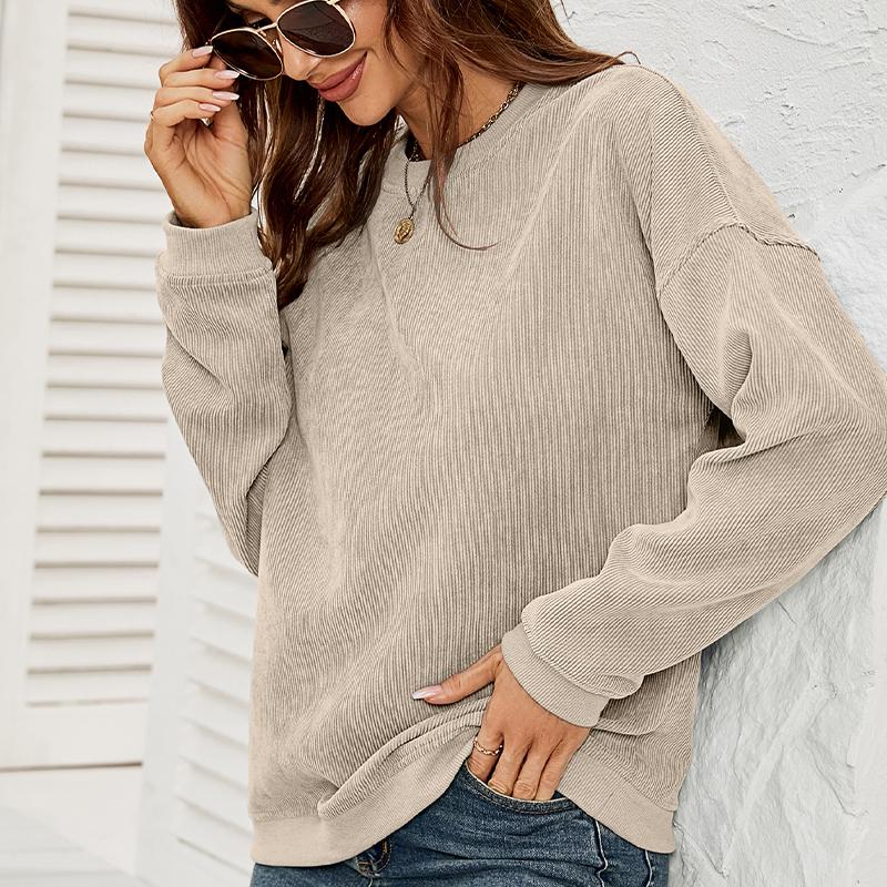 Women's Corduroy Sweatshirt Casual Round Neck Pullover Long Sleeve Top