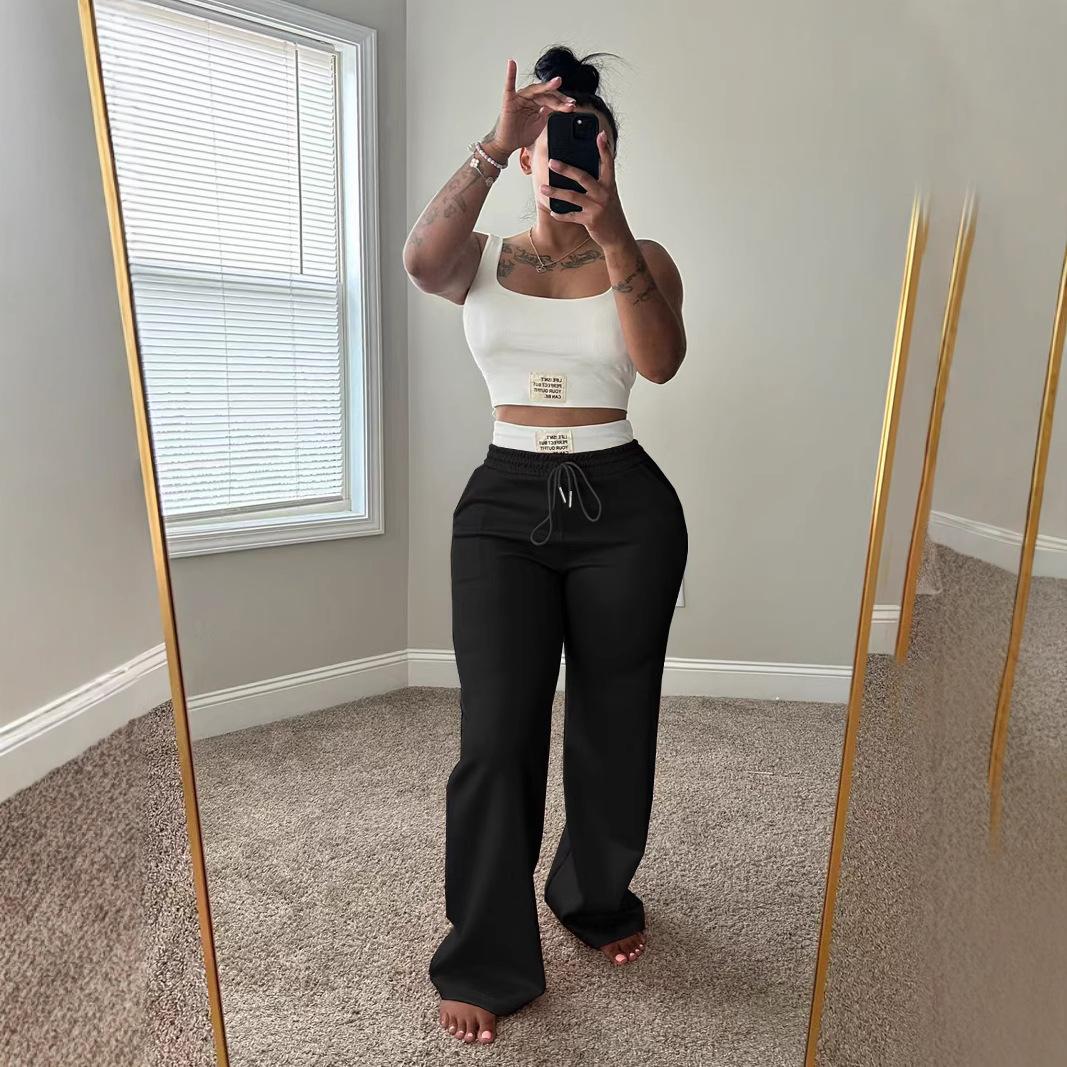 

Multi Color Crop Top and Drawstring Waist Wide Leg Pants Set S чёрный