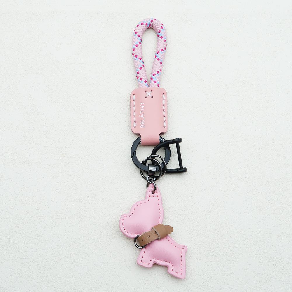 Handmade French Bulldog Genuine Leather Keychain with Anti-Lost Woven Rope Lanyard.