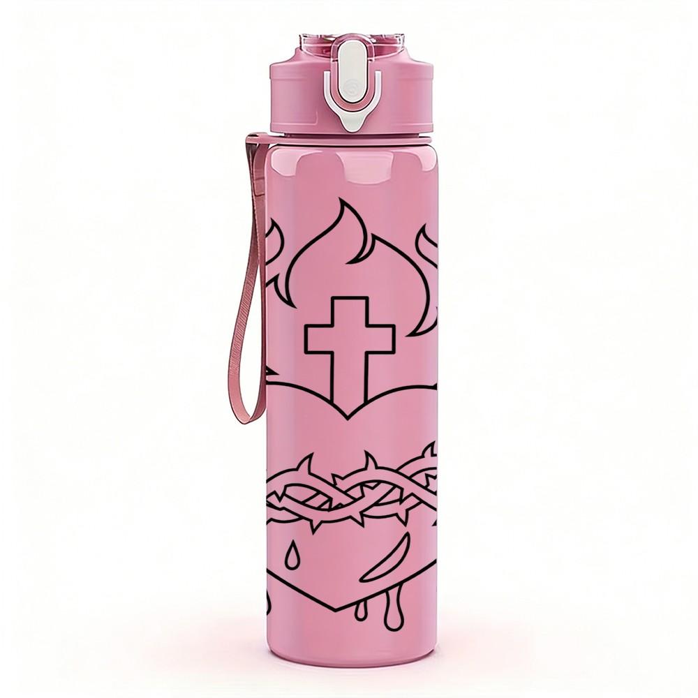 1PC Thorn Heart Cross Faith 750ml Color Plastic Sports Water Bottle Leakproof Flip Straw Lid Suitable for Sports Office Home Use