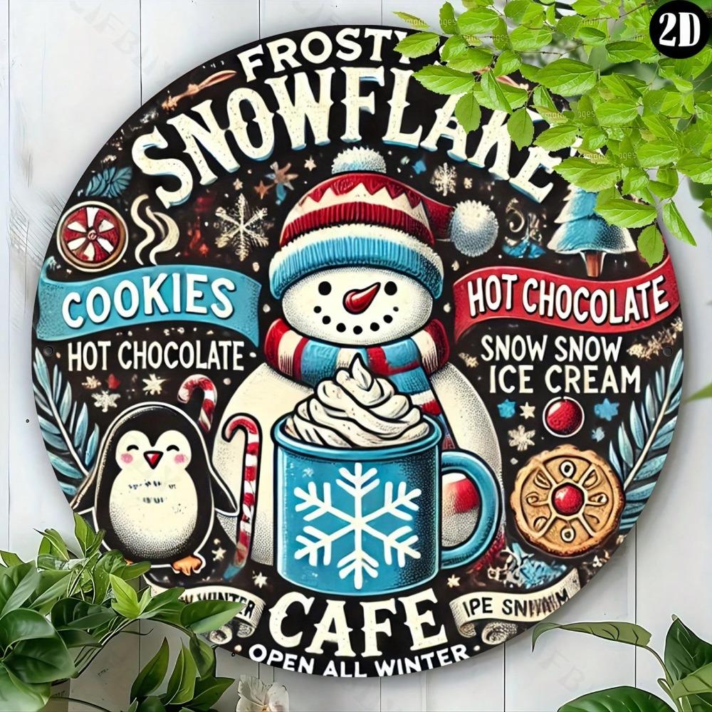 Frosty Snowflake Cafe Metal Wall Sign 8x8 Inch Round Aluminum Art for Home Office Bar Shop