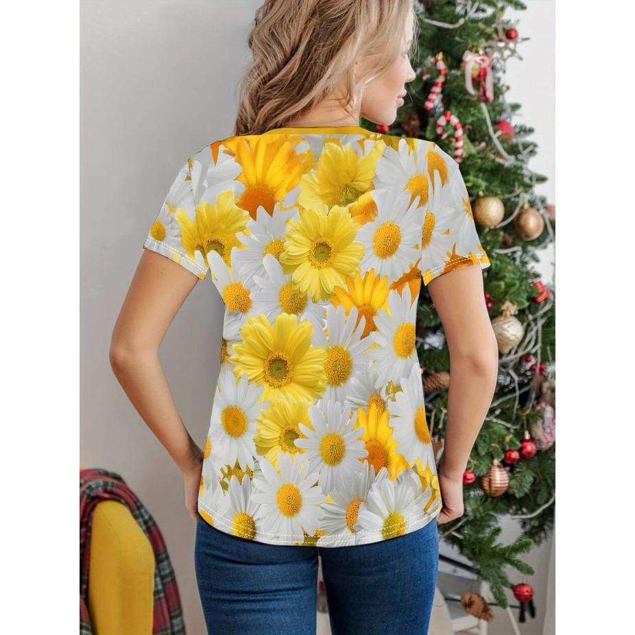 Damski T-shirt Wzór Motyla i Kwiatów Nadruk - Wygodny Krótki Rękaw Okrągły Dekolt Moda Druk 3D