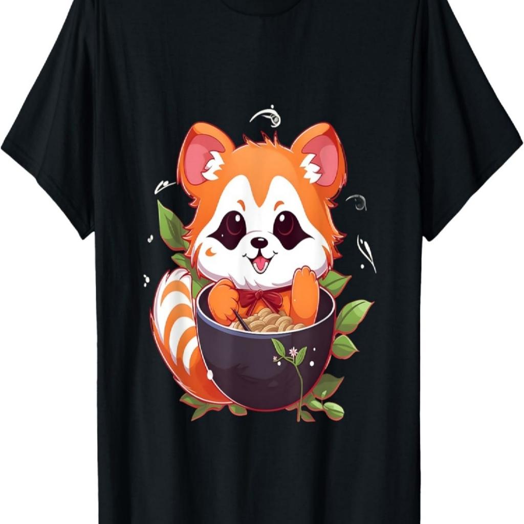 Otaku Anime Red Panda Eat Ramen Noodles Cherry Blossom T-Shirt(3)