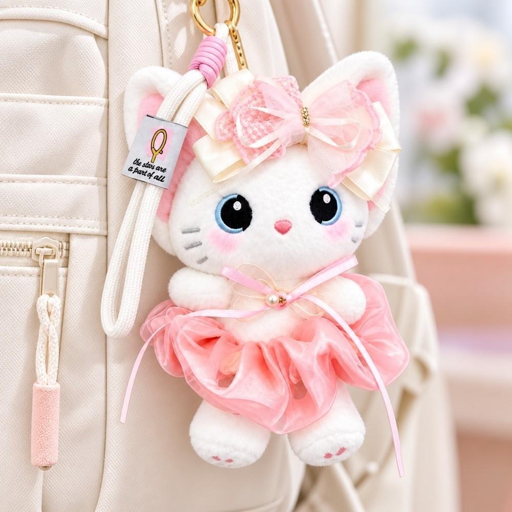 Lace Bowknot Plush Cat Keychain Soft Desk Mascot Charm Sweet Bag Accessory Desktop Decor