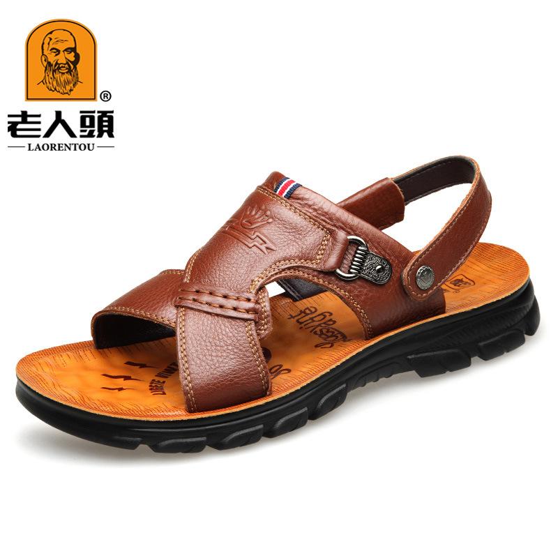 

Лето 2025 года, новые сандалии для пожилых людей, мужская кожаная повседневная нескользящая пляжная обувь, сандалии из коровьей кожи первого слоя двойного назначения 38 коричневый