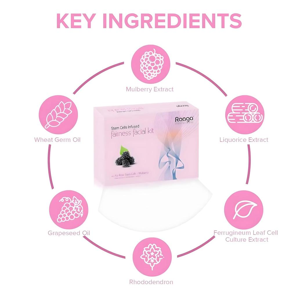 Raaga Professional Stem Cell Infused Fairness Facial Kit 61 G Home Spa Skin Brightening With Alp Rose Mulberry Extracts