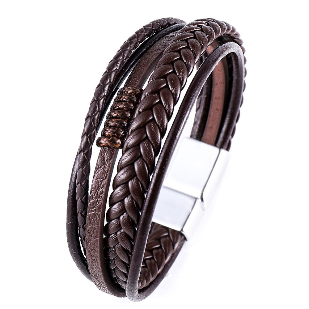 Brown Multi Layers Leather Bracelet for Men,New Style Tiger Eye Stone Beaded Handmade Leather Wristband,Gift for Husband Dad Him