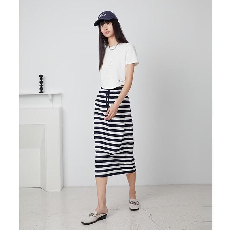 MONOVICH Striped Drawstring Midi Skirt L