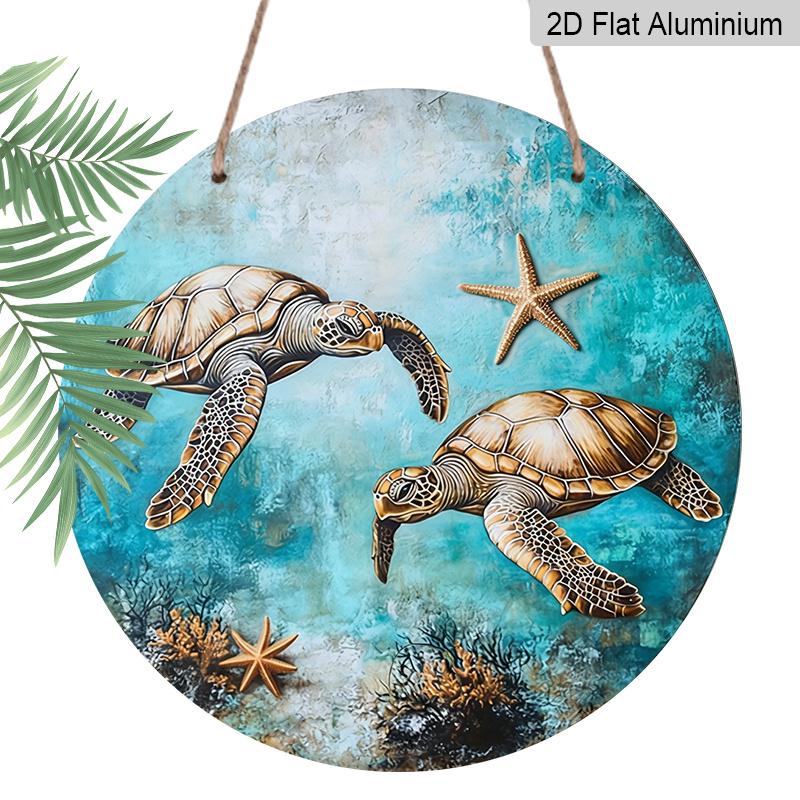 Vintage Sea Turtles & Starfish Metal Wall Art – 2D Flat Round Aluminum Sign with Oceanic Blue Background, Coral Reef Design, Indoor Decor for Living