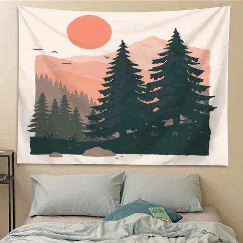 Иллюстрация Лес Закат Пейзаж Узор Подвесная Ткань Домашнее Настенное Украшение Гобелен — фото 10