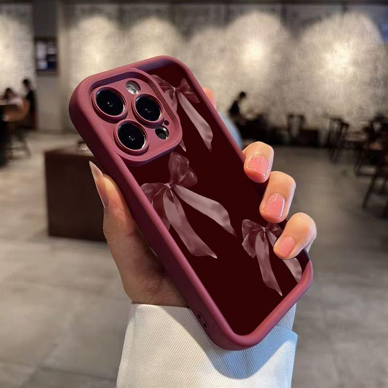 Stylish Retro Burgundy Bow-Patterned Phone Case For iPhone 17 Pro Cases iPhone 16 11 12 13 Pro Max 7 8 14 15 Plus X XR XS Cover