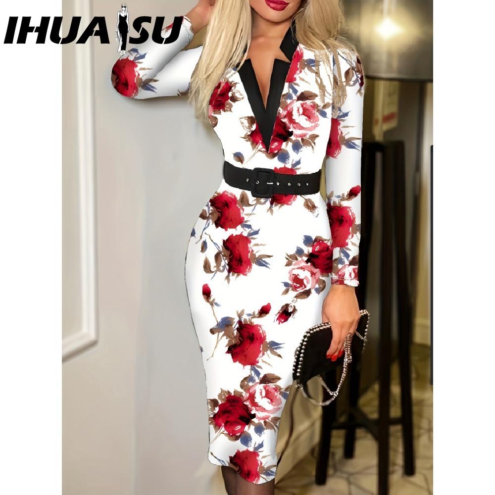 

IHUASU Женская мода Весна Осень Длинный рукав V-образный вырез Завышенная талия Повседневные платья XXL