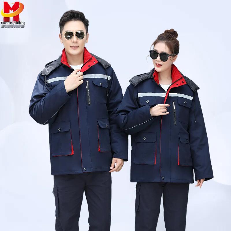 Winter Thermal Work Coat with Reflective Stripes - Insulated, Cold-Proof, Durable for Warehouse & Logistics.