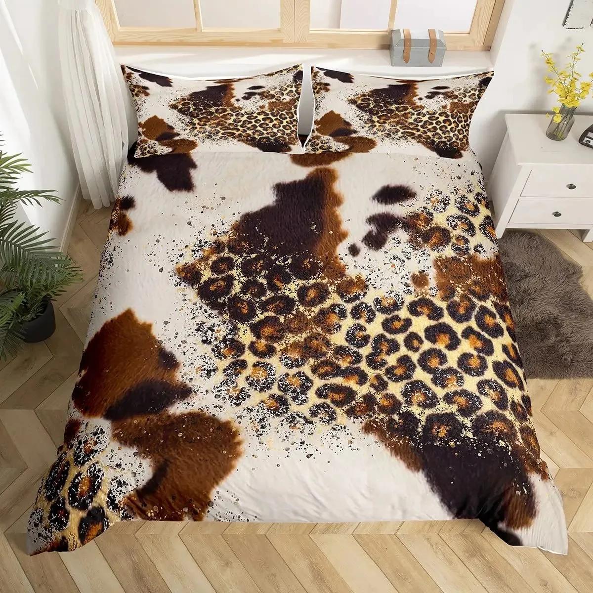Cowhide Duvet Cover Set,Brown Cow Leopard Print,Western Rustic Farmhouse Farm Animals Bedding Sets Highland Cow Comforter Cover EU Single 135x200cm
