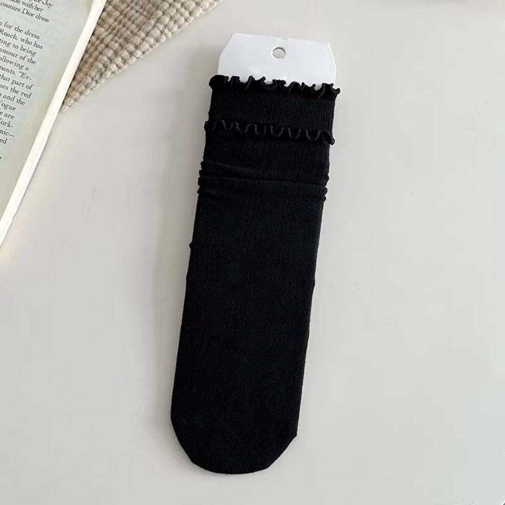 1 Pair Solid Color Ruffle Socks Vertical Stripes Korean Style Socks Comfy Frilly Socks  Daily Wear