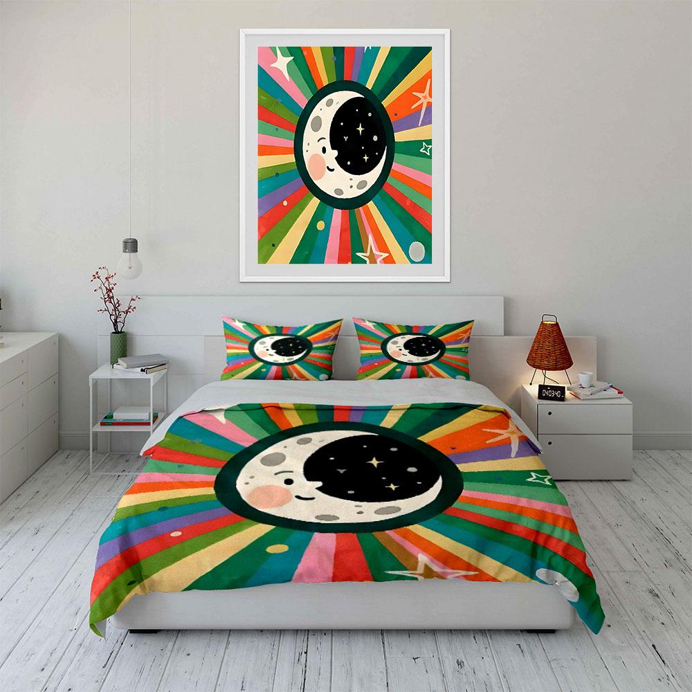 Colorful Moon and Stars Decor Bedding Set with 1 Duvet Cover 2 Pillowcases Single Double King Queen, Gift