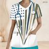 Women Plus Size Printed Nurse Scrub Top V Neck Short Sleeve With Front Pockets