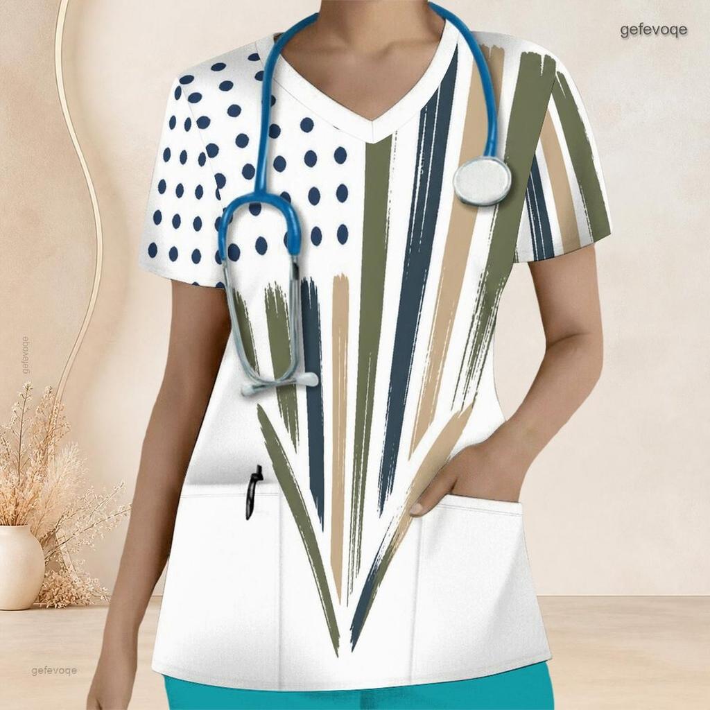 Women Plus Size Printed Nurse Scrub Top V Neck Short Sleeve With Front Pockets