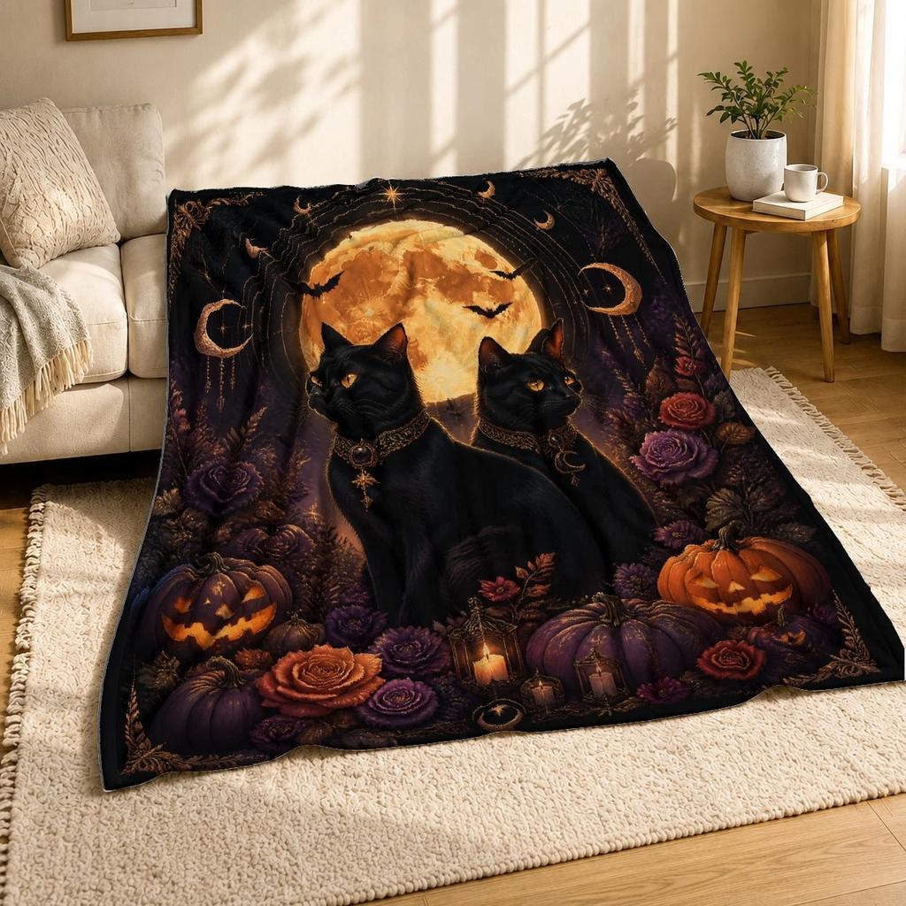 Gothic Black Cats Halloween Moon Coral Fleece Blanket