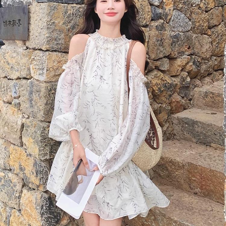 Off-the-shoulder floral dress women's summer 2026 new temperament gentle and cold feeling holiday style loose and thin skirt