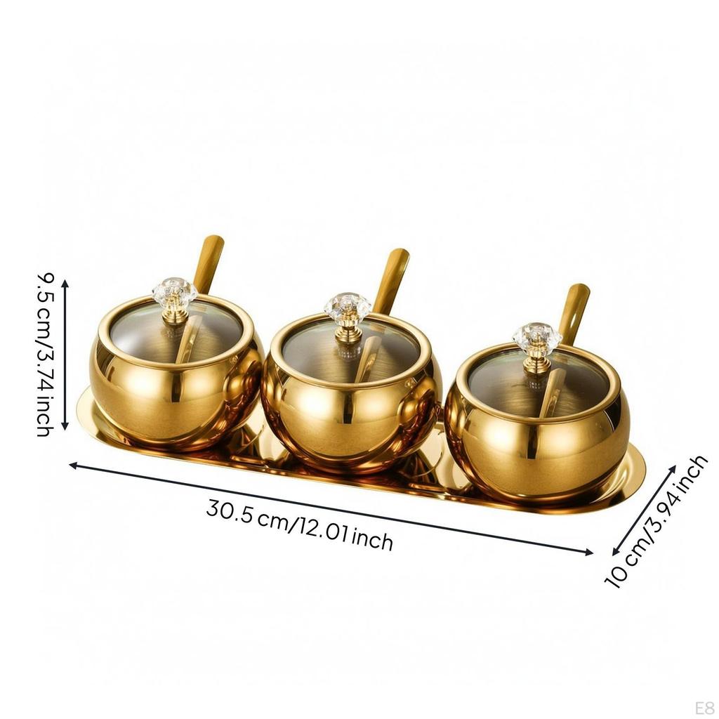 Stainless Steel Seasoning Container Set with Tray DustResistant ThreeCompartment Condiment Holder