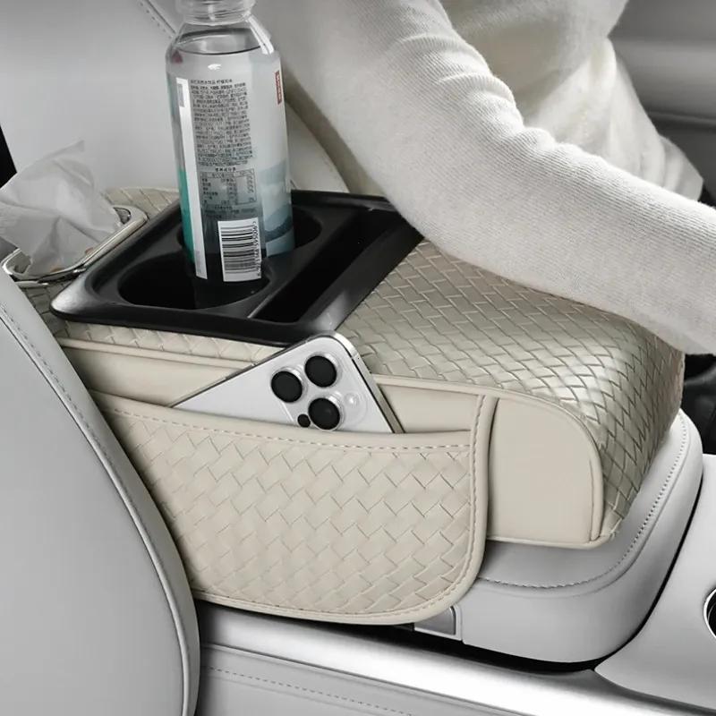Car Armrest Cushion With Tissue Box And Bottle Cup Holder Phone Storage Pocket Auto Interior Arm Rest Height Pad Truck Vehicle